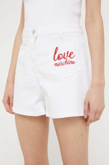 Rifľové krátke nohavice Love Moschino dámske, biela farba, s nášivkou, vysoký pás