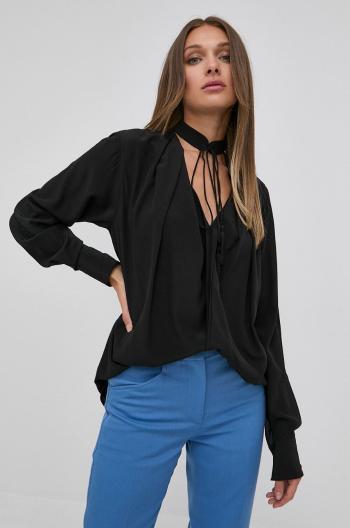 Hodvábna košeľa Victoria Beckham dámska, čierna farba, voľný strih, s viazaním vo výstrihu