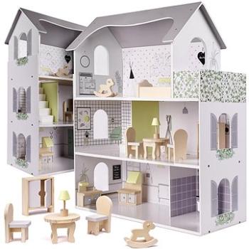 Drevený domček pre bábiky + nábytok 70 cm sivý (ikonka_KX6278)