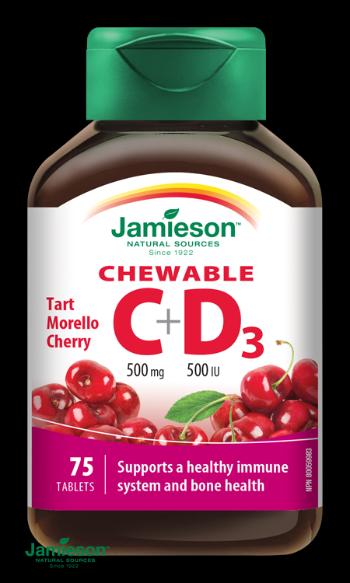 Jamieson Vitamín C+D3 500mg tablety na cmúľanie s príchuťou čerešne 75 tabliet