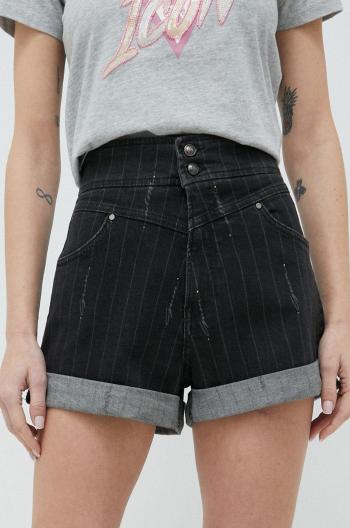 Rifľové krátke nohavice Guess dámske, čierna farba, vzorované, vysoký pás