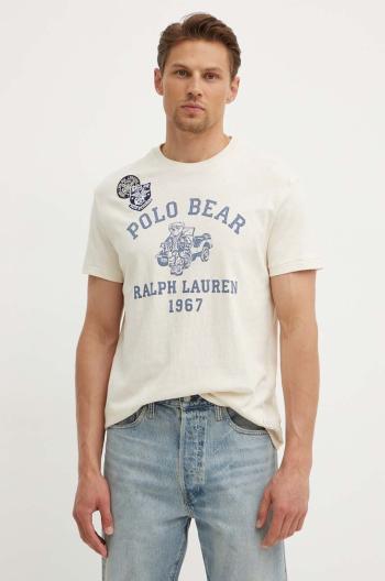 Bavlnené tričko Polo Ralph Lauren pánske, béžová farba, s potlačou, 710934710