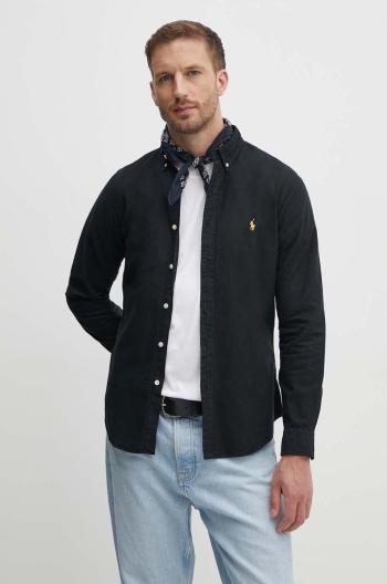 Bavlnená košeľa Polo Ralph Lauren pánska, čierna farba, slim, s golierom button-down, 710767828