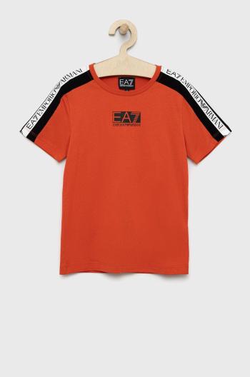 Detské bavlnené tričko EA7 Emporio Armani oranžová farba, jednofarebný