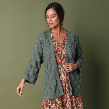 Blancheporte Kimono sveter, ažúrový vzor zelenkastá 34/36