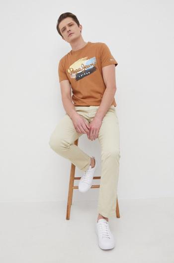 Nohavice Pepe Jeans Sloane pánske, béžová farba, strih chinos