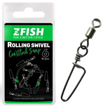 Zfish obratlík s karabínou rolling swivel & coastlock snap 10 ks - veľkosť 16 nosnosť 10 kg