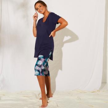 Blancheporte Pyžamo s 3/4 nohavicami a tropickým vzorom smaragdová/nám.modrá 50
