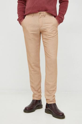 Ľanové nohavice Tommy Hilfiger pánske, hnedá farba, rovné
