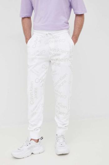 Bavlnené tepláky Calvin Klein Jeans pánske, biela farba, vzorované