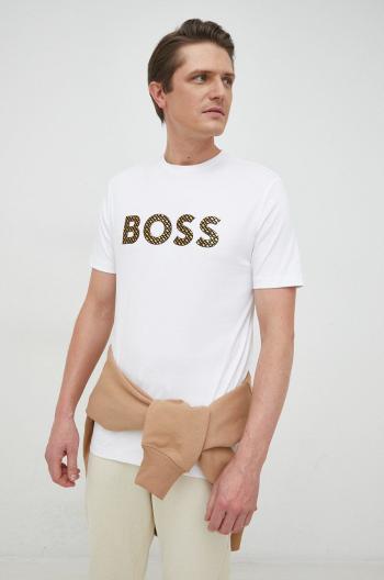Bavlnené tričko BOSS biela farba, s nášivkou