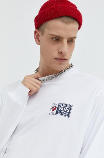 Bavlnené tričko s dlhým rukávom Vans biela farba, s potlačou