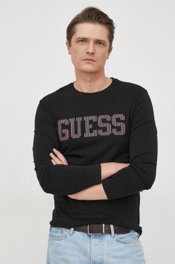 Tričko s dlhým rukávom Guess pánske, čierna farba, s potlačou