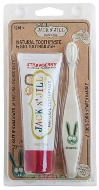 Jack N Jill BIO Jahoda prírodná zubná pasta pre deti 50 g + BIO Zajac extra mäkkú bio zubná kefka pre deti darčeková sada