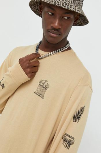 Bavlnené tričko s dlhým rukávom Vans béžová farba, s potlačou