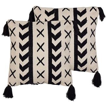 BELIANI, Súprava dvoch bavlnených vankúšov s geometrickým vzorom a strapcami 45 × 45 cm béžová/čiern (beliani_303477)