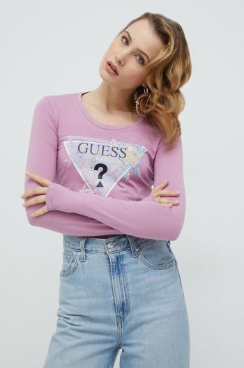 Tričko s dlhým rukávom Guess dámsky, ružová farba