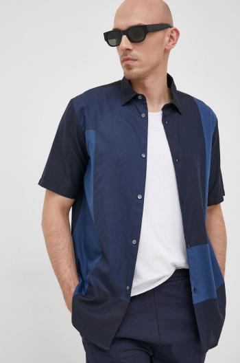Bavlnená košeľa Emporio Armani pánska, tmavomodrá farba, voľný strih, s klasickým golierom