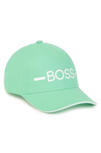 Detská bavlnená čiapka Boss zelená farba, s nášivkou