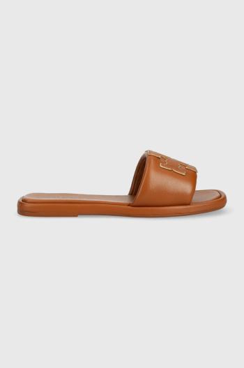 Kožené šľapky Tory Burch Double T Sport Slide dámske, hnedá farba, 79985-202