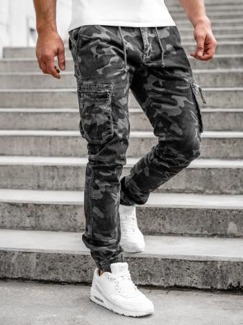 Sivé pánske cargo jogger nohavice s maskáčovým vzorom Bolf 8985