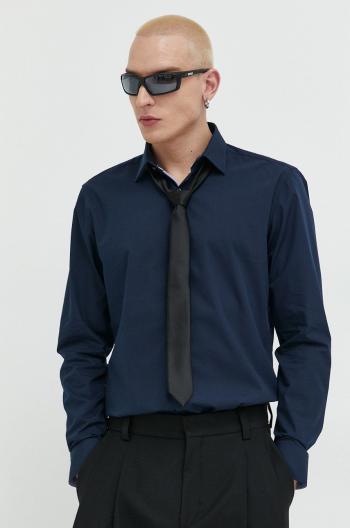 Bavlnená košeľa HUGO pánska, tmavomodrá farba, slim, s klasickým golierom