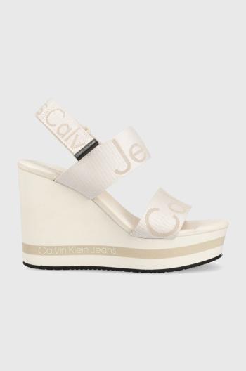 Sandále Calvin Klein Jeans WEDGE SANDAL WEBBING dámske, béžová farba, na kline, YW0YW00959