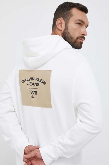 Bavlnená mikina Calvin Klein Jeans pánska, biela farba, s kapucňou, s potlačou