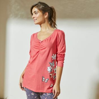 Blancheporte Pyžamové tričko s dlhými rukávmi, stredová potlač motýľov koralová 34/36