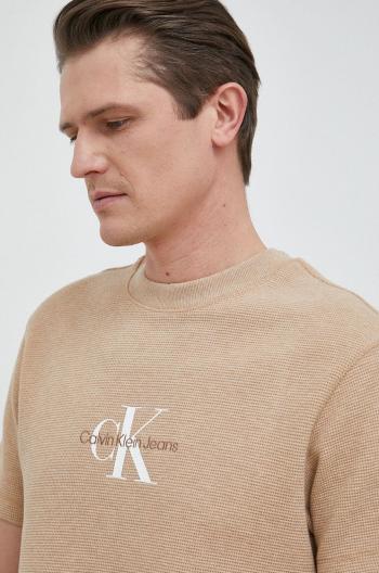 Bavlnené tričko Calvin Klein Jeans béžová farba, vzorované