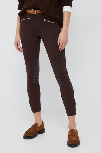 Nohavice Lauren Ralph Lauren dámske, hnedá farba, priliehavé, stredne vysoký pás