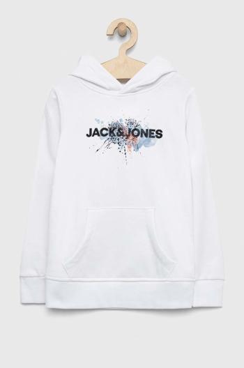 Detská mikina Jack & Jones biela farba, s kapucňou, s potlačou