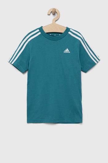 Detské bavlnené tričko adidas tyrkysová farba, s nášivkou