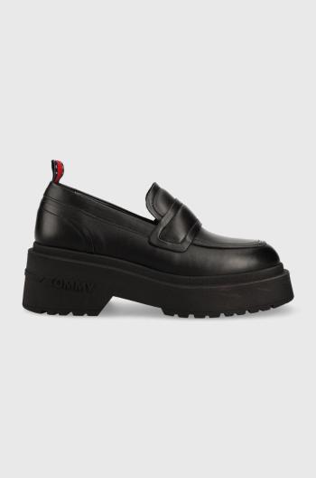 Kožené mokasíny Tommy Jeans TJW AVA LOAFER dámske, čierna farba, na platforme, EN0EN02218