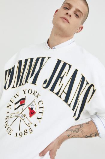 Bavlnená mikina Tommy Jeans pánska, biela farba, s potlačou
