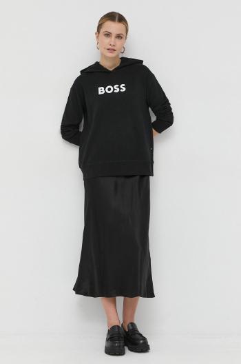 Bavlnená mikina BOSS dámska, čierna farba, s kapucňou, s potlačou