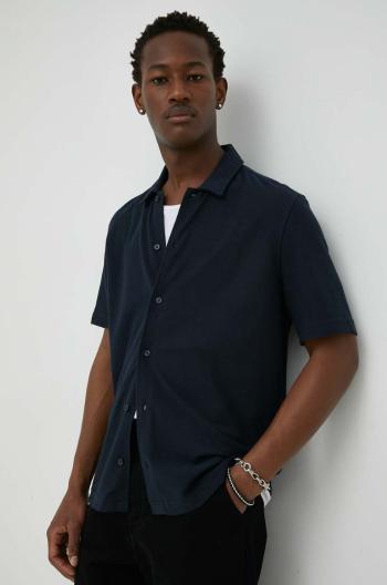 Košeľa Samsoe Samsoe Pánska, tmavomodrá farba, voľný strih, s klasickým golierom