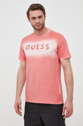Bavlnené tričko Guess ružová farba, s potlačou