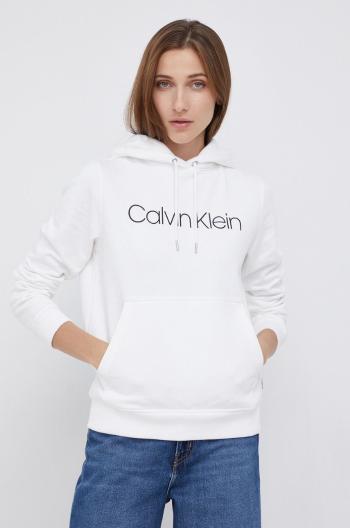 Bavlnená mikina Calvin Klein dámska, biela farba, s kapucňou, s potlačou