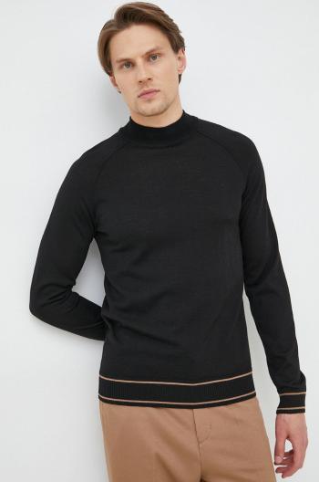 Vlnený sveter BOSS pánsky, čierna farba, tenký