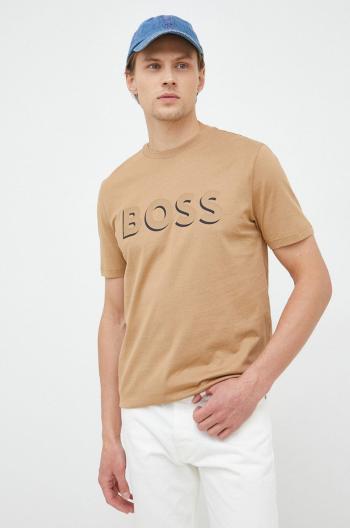 Bavlnené tričko BOSS béžová farba, s potlačou