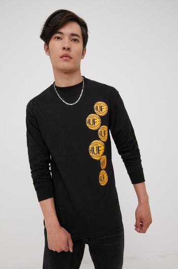 Bavlnené tričko s dlhým rukávom HUF čierna farba, s potlačou
