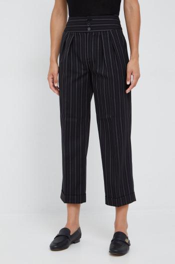 Vlnené nohavice Lauren Ralph Lauren dámske, čierna farba, rovné, vysoký pás