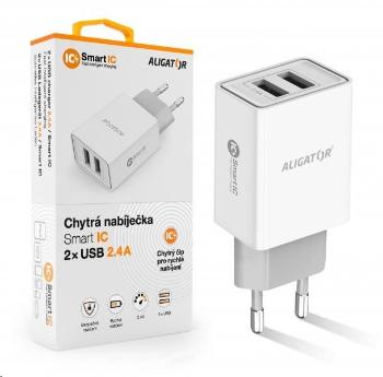 Aligator sieťová nabíjačka, 2x USB, smart IC, 2, 4 A, biela