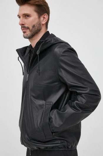Kožená bunda Emporio Armani pánska, čierna farba, prechodná