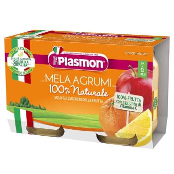 PLASMON Príkrm bezlepkový ovocný jablko a citrusy 2x104 g, 6m+