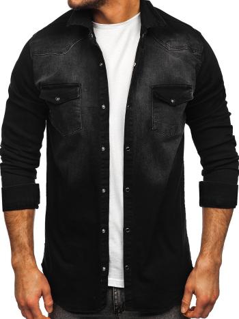 Čierna pánska riflová košeľa s dlhými rukávmi Bolf R704