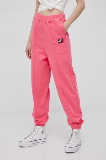 Bavlnené nohavice Tommy Jeans dámske, ružová farba, jednofarebné