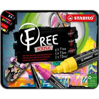 STABILO FREE Acrylic základná sada – balenie 11 farieb – s 3 rôznymi hrotmi 4× T100, 5× T300, 2× T80 (4006381580700)