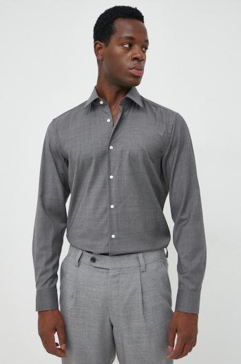 Vlnená košeľa BOSS pánska, šedá farba, slim, s klasickým golierom